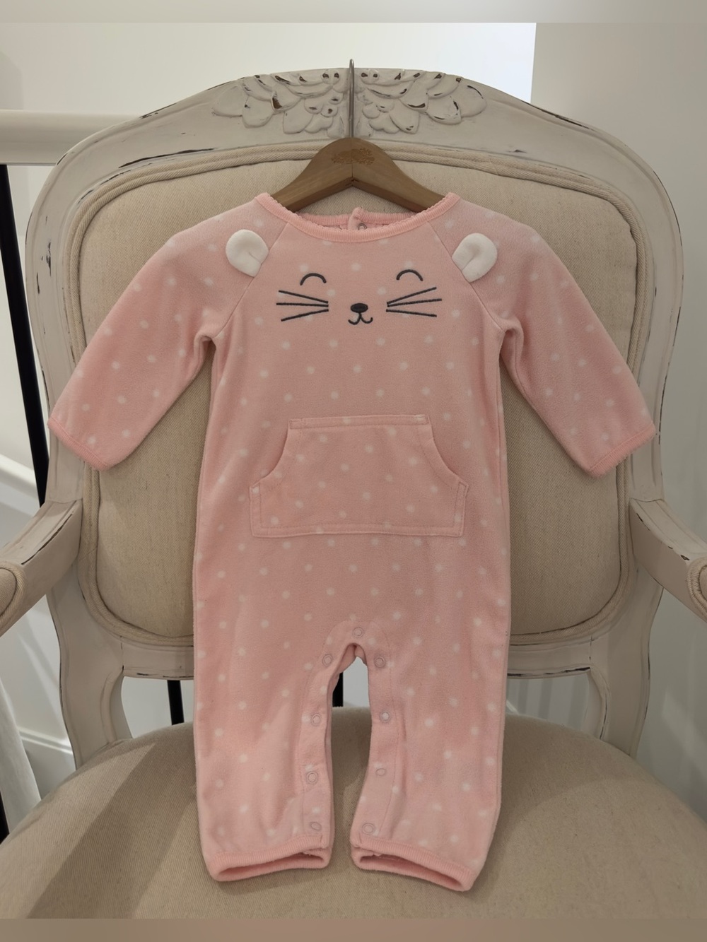 🤍 6 mth Ballet Pink Polka Dot Kitty Cat Fleece Baby Sleeper Excellent Condition